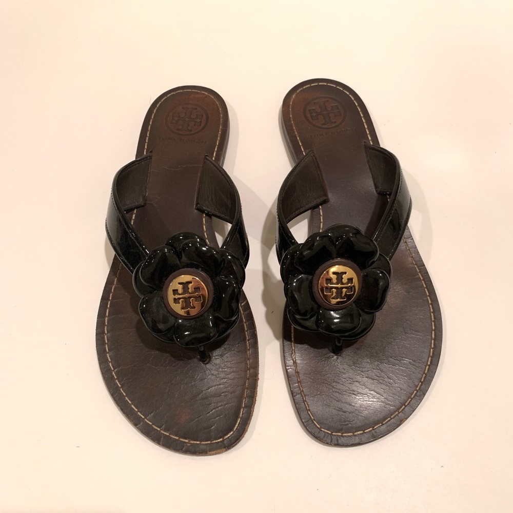 Tory Burch Black Breely Flower Sandal FlipFlop 7.5